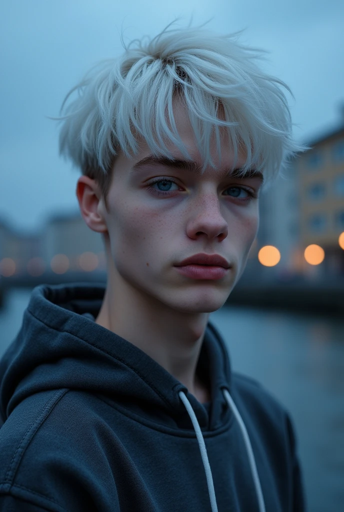 (8K, RAW photos, best quality, masterpiece: 1.4), Ultra-high resolution, Extremely detailed, light, closeup of arms, handsome boy, blue eyes, (delicate eyes, Eyes are bright:1.2), white short hair, Fair skin,dark, Grey sweatshirt, sweatshirt with hood,(perfect anatomy:1.2), High-quality shadows, Natural Lighting, (White highlights:1.2), night, cloudy day, (Four-story residential building:1.2), (Bridge at night:1.2)