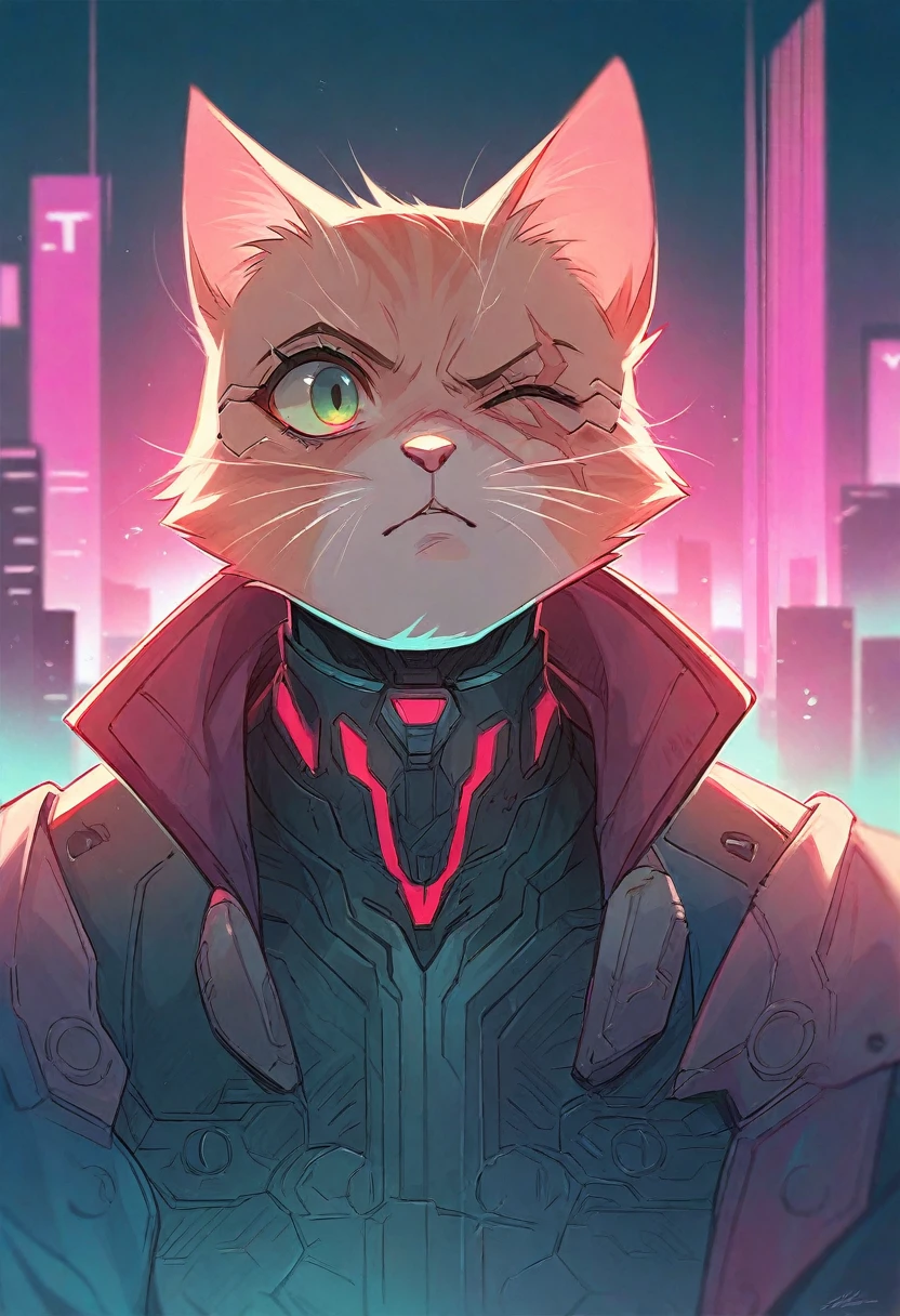 (one-eyed cat,scar on left eye,cat warrior,cartoon style,cyberpunk design,futuristic city background,digital art,highly detailed,intricate details,vibrant colors,dramatic lighting,sharp focus,masterpiece)