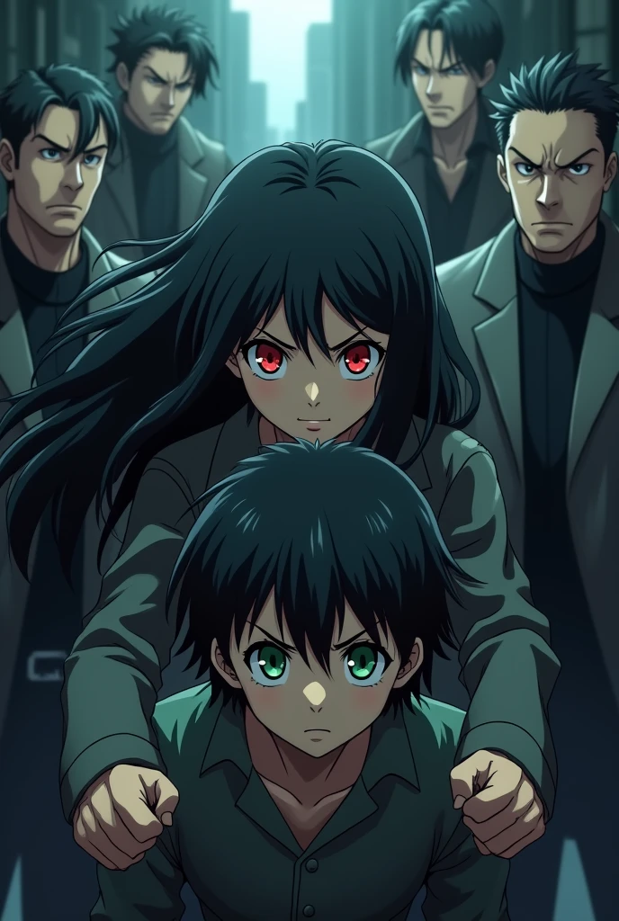 A  girl with black hair red eyes Protecting a 14 year oldlack hair green eyes from some thugs alone in a drak place anime
