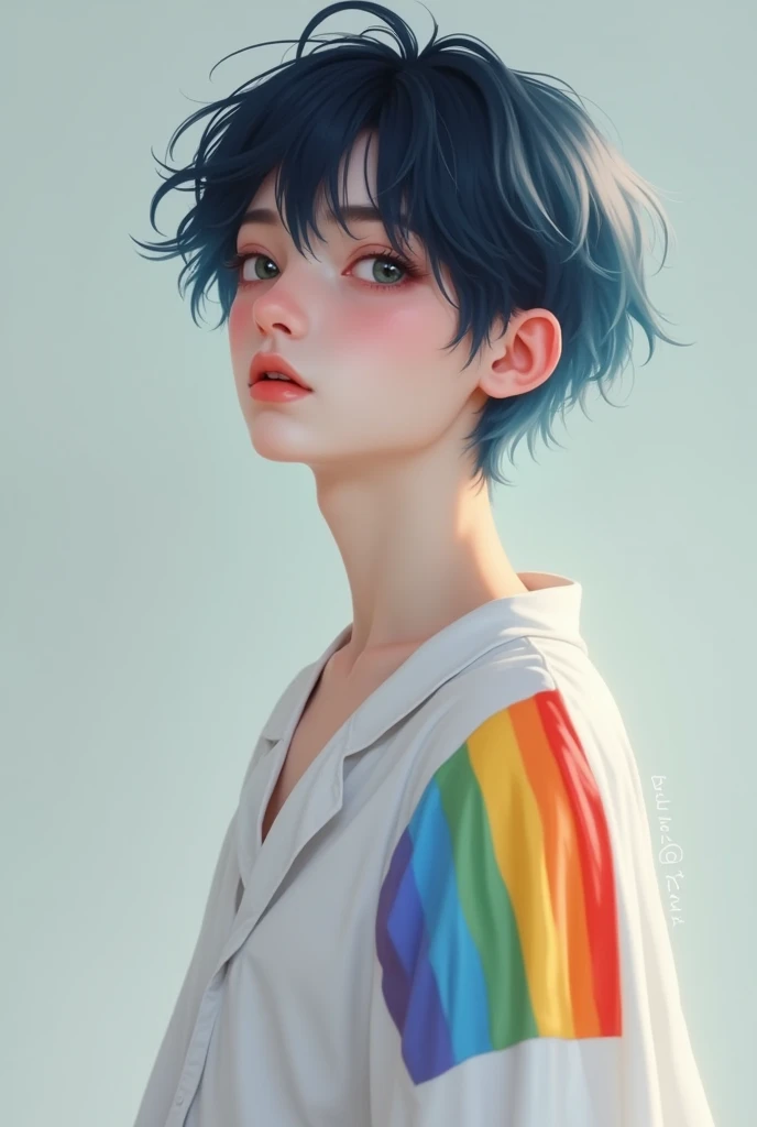 Very effeminate femboy boy 
Boy with feminine features 19 year old boy with white skin
Slim and slender 
blue to black hair
Wearing a white blouse with the colors of the gay flag 
