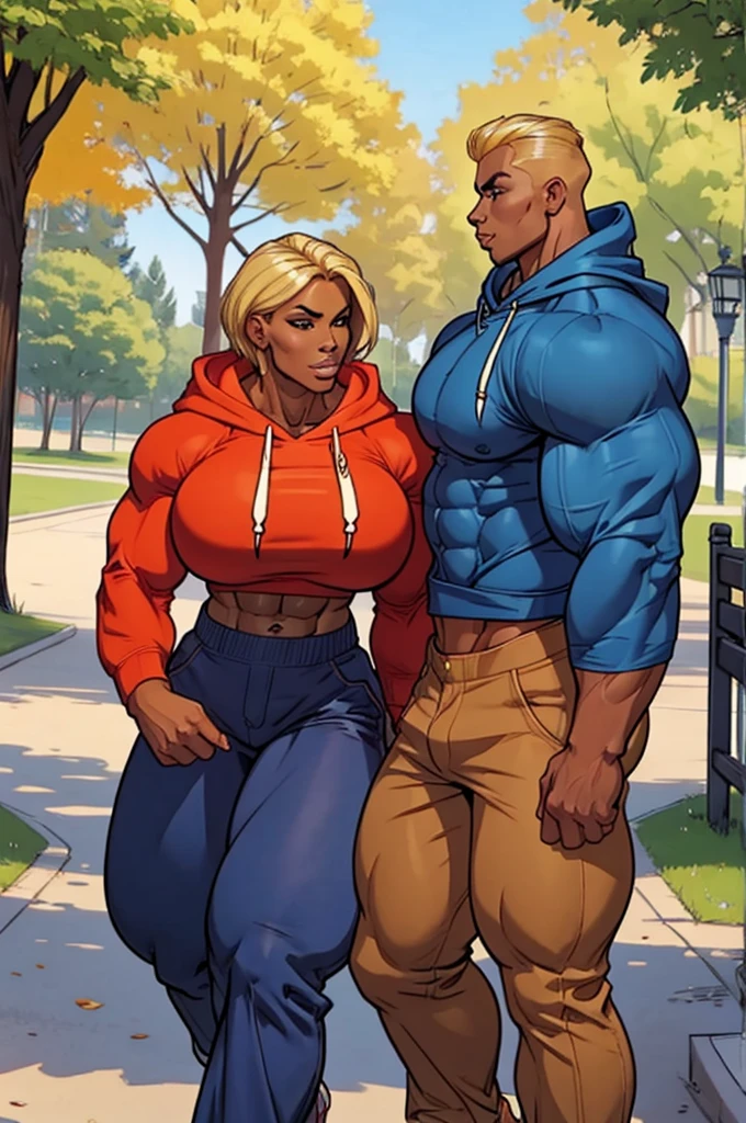 coloured sketch, beautiful woman, blonde stylish haircut, extremely tanned, wearing hoodie, long baggy pants, strong well defined muscle, bulky powerful bodybuilder physique, muscular arms, perfect and flawless musculature, great muscle definition, perfect muscular body, massive muscular thighs, perfect round fake breasts, walking at the park