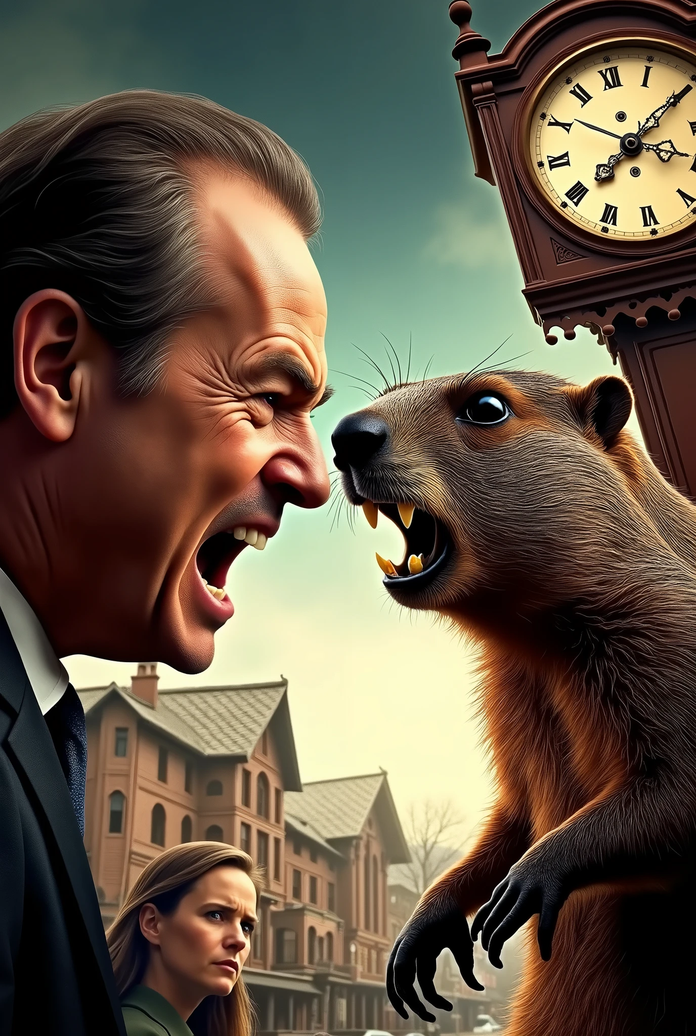 MOVIE POSTER STYLE; BILL MURRAY AND A GROUNDHOG FACE TO FACE; BOTH CHARACTERS HAVE AN ANGRY LOOK; A THREATENING ATTITUDE; THEIR FACES SHOW ANGER; THE TWO CHARACTERS ARE IN THE FOREGROUND OF THE MOVIE POSTER; IN THE TOP RIGHT CORNER, A VICTORIAN-STYLE CLOCK WITH WAVING HANDS; IN THE BACKGROUND, A REALISTIC REPRESENTATION OF PUNXSUTAWNEY; IN THE BOTTOM LEFT CORNER, A SMALL FIGURE OF ANDIE MACDOWELL SEEN FROM BEHIND, HER HEAD TURNED, LOOKING TO THE RIGHT