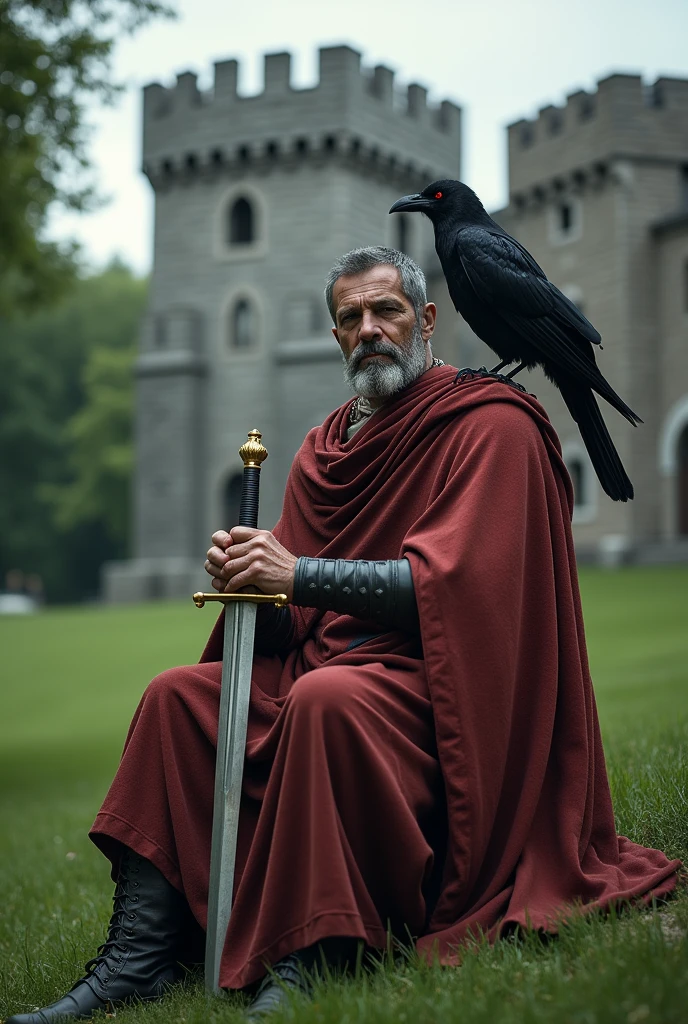 Marcus Aurelius former emperor of Rome holding a sword on his knees the ground with an emerald green lawn behind a gunmetal gray castle on his shoulder a black raven with red eyes (resolucao 1920x1080 