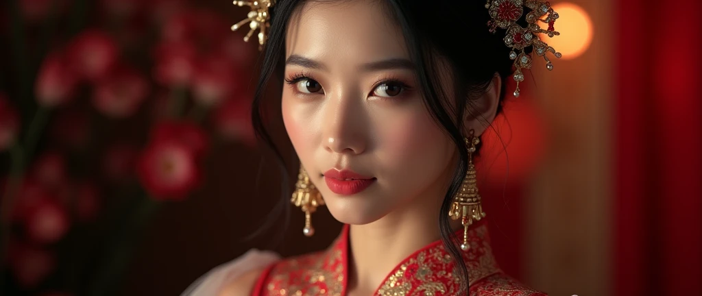 best quality, masterpiece, highres, 1girl,china wedding  dress,hair ornament,necklace, jewelry,Beautiful face,upon_body, tyndall effect,photorealistic, dark studio, rim lighting, two tone lighting,(high detailed skin:1.2), 8k uhd, dslr, soft lighting, high quality, volumetric lighting, candid, Photograph, high resolution, 4k, 8k, Bokeh