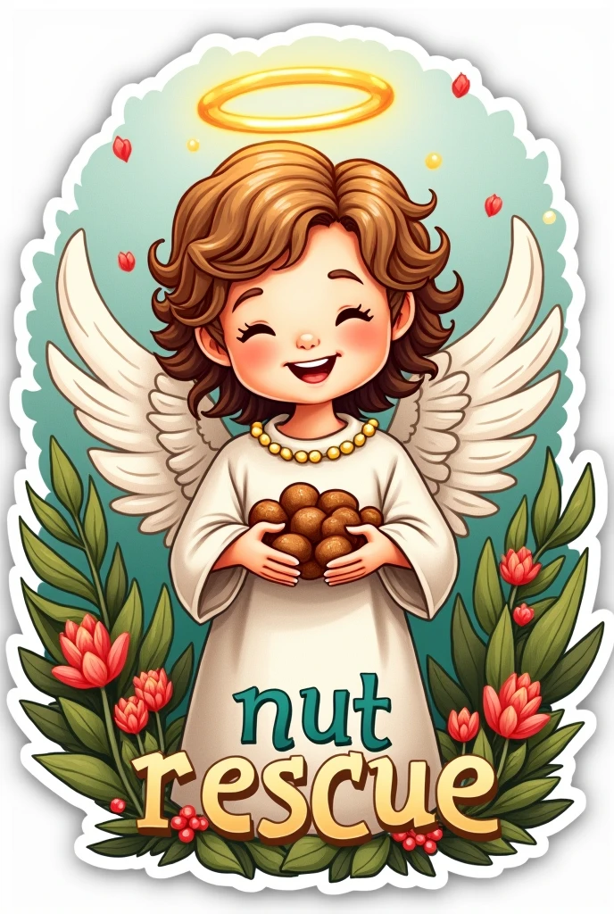 Drawn angel, Sticker, holds nuts, smile, nimbus, curly hair, grass, flowers , joy holiday. Words in beautiful font: "nut rescue"