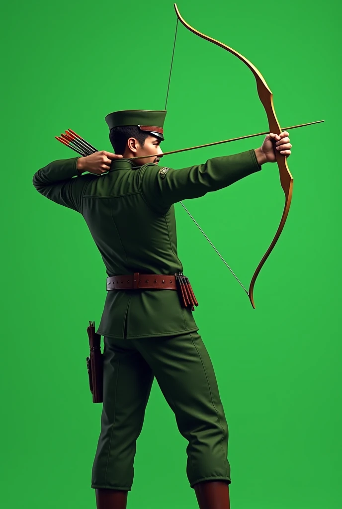 Rear viewed, green  uniform, male military Archer is a warrior, military cap on head, Arrow shooting , Plain full green screen background