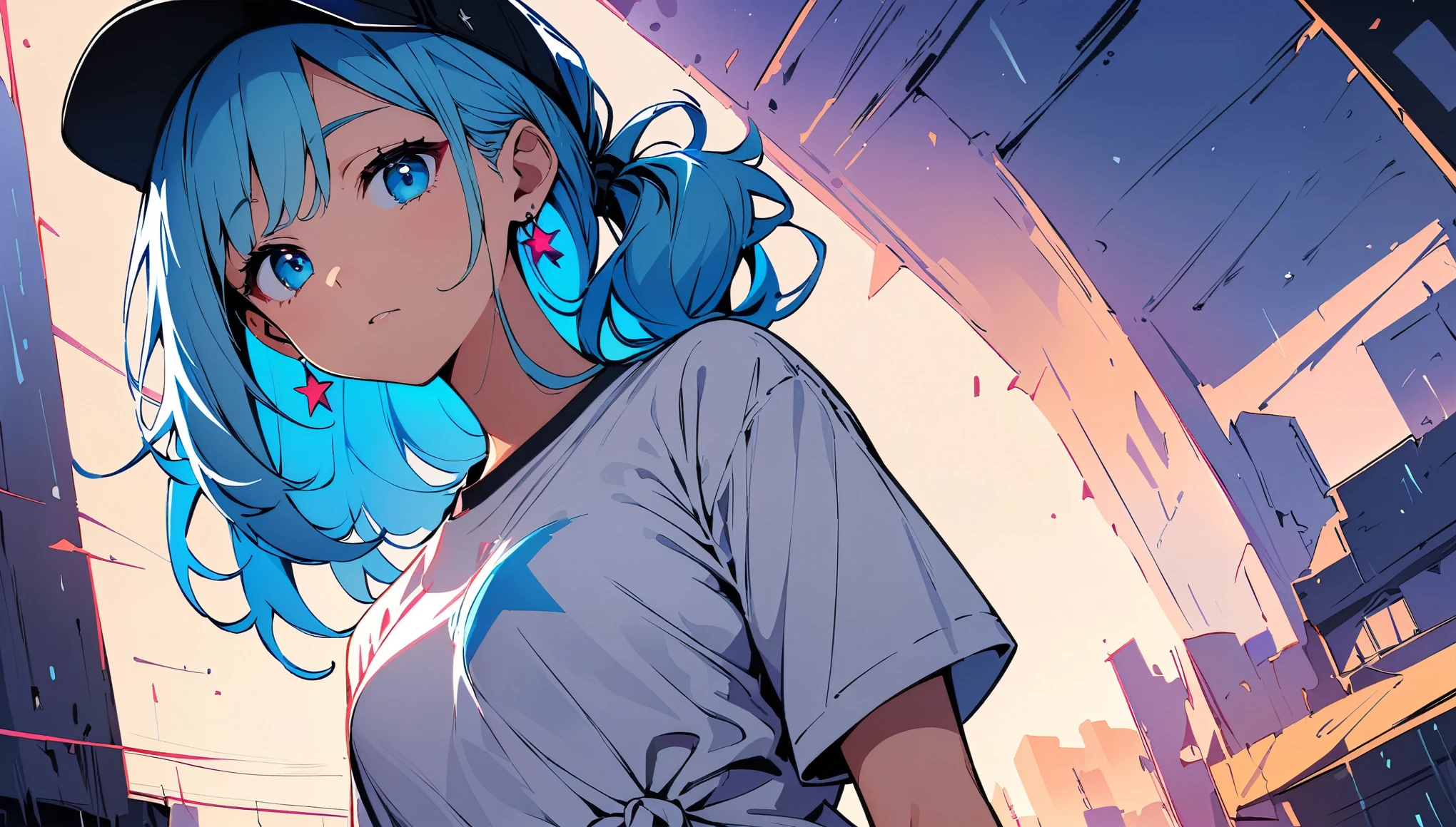 (high quality, 8k, 4K, High Contrast, masterpiece:1.2, 最high quality, Best aesthetics), (Dynamic Angle), ((1 female )), ((Plain and bright background)), ((Flat Color)), (Plain white T-shirt on the upper body), (jeans), Looking at the audience, Upper Body, Transparent Background, Sleepy eyes, High Contrast, Contrasting colors, Cowboy Shot, Pale pink and blue lighting, Long Hair, ((Tied Hair)) , Light blue hair, Small star-shaped earrings in both ears, Wearing a baseball cap, watch, bright eyeshadow, Cool look, Small Tits, Her bra is slightly visible through her T-shirt ,　Clothes wet from the rain.　Raining background,