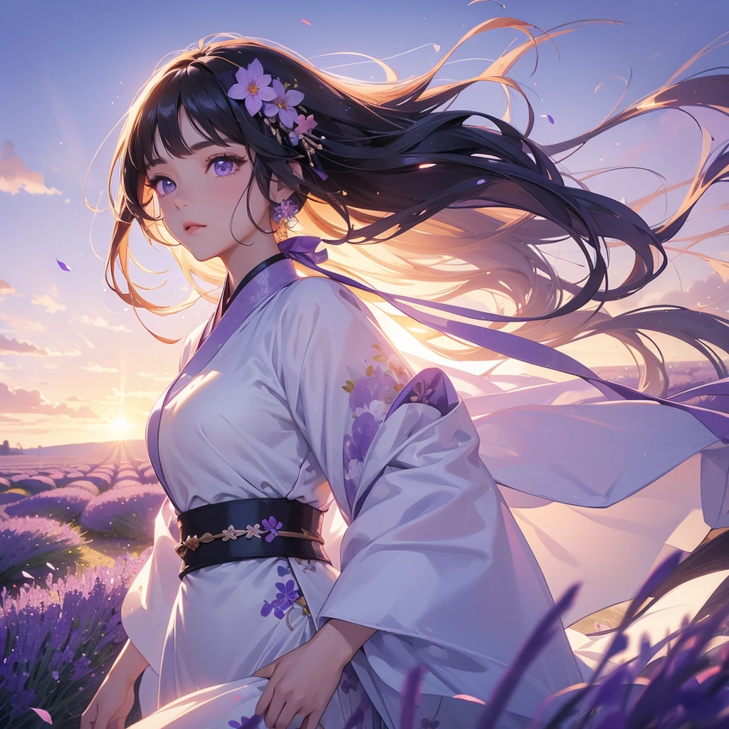 A beautiful female in white hanfu dress , Stroll among the purple lavender fields , There are some floating clouds, close up. Sunset.