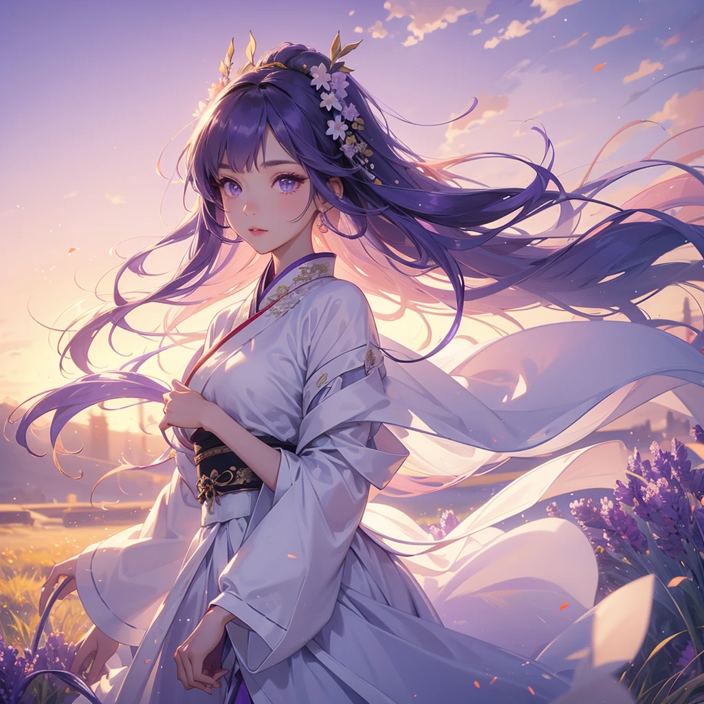 A beautiful female in white hanfu dress , Stroll among the purple lavender fields , There are some floating clouds, close up. Sunset.