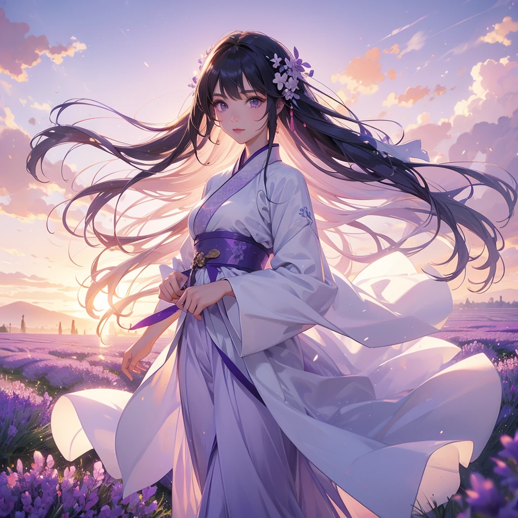 A beautiful female in white hanfu dress , Stroll among the purple lavender fields , There are some floating clouds, close up. Sunset.