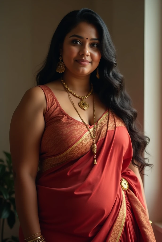 A very dark brown skin Telugu lady face looks chubby and her body looks chubby and fit her body structure hourglass her age 36 and her height 165cm wearing looks like actress Roja looks like Indian goddess  