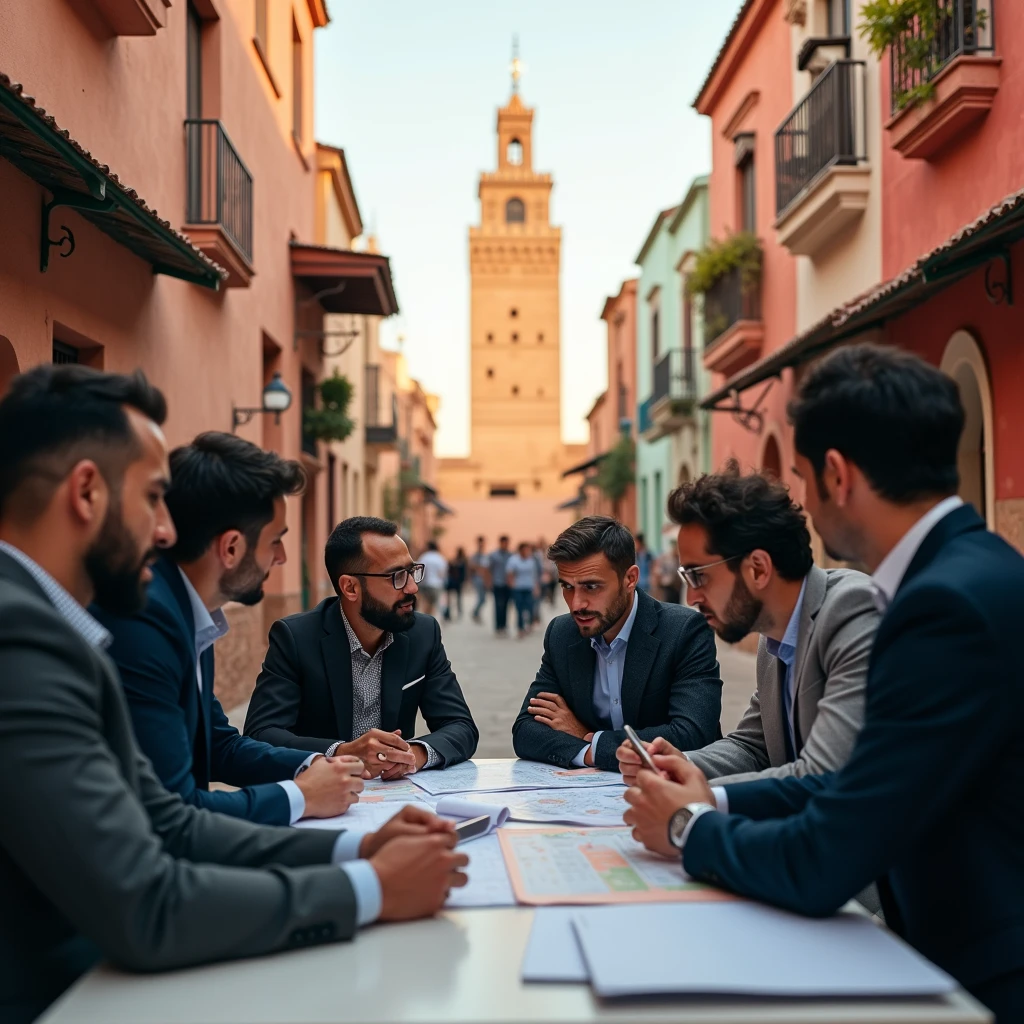 "Prompt : Generate a photo description that goes with the title ""The Steps to Succeed in Your Real Estate Investment in Marrakech"" using an AI photo generator.
Description: The photo shows a bustling street in the heart of Marrakech, with vibrant colors and intricate designs adorning the buildings. In the foreground, a group of professionals huddle around a table, discussing investment plans with maps and documents spread out in front of them. Their focused expressions and confident body language convey their determination to succeed. In the background, the iconic Koutoubia Mosque can be seen, symbolizing the rich history and culture of Marrakech. This photo captures the essence of the city and highlights the critical steps to a successful real estate investment in Marrakech – research, planning, and collaboration."