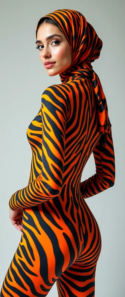 The most pretty muslimah with beautiful cheeks wears zebra print lycra turtleneck unitard catsuit and zebra lycra hijab