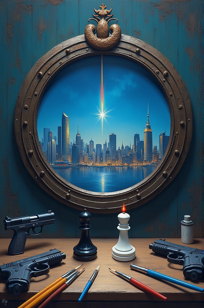 The image is Ghibli style, shows a painting, which has a circular metal frame with the figure of the ouroboros, The canvas depicts a futuristic city with large skyscrapers, with a shooting star streaking across the night sky in the distance.. Outside the painting two chess pieces can be seen, one the black king and the white king, and also two guns and some brushes that were used to paint the picture.