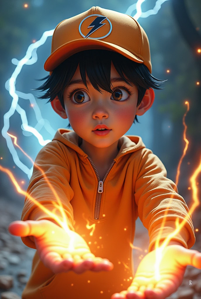 soft shadows, cinematic composition a young real boy Malaysia Indonesia . wearing an orange zip-up shirt,black hair mix little detai white hair. Age 12 year old. orange cap with small thunder logo, detailed face, cinematic lighting, dramatic atmosphere. Thunder come out from hand. Powerful thunder