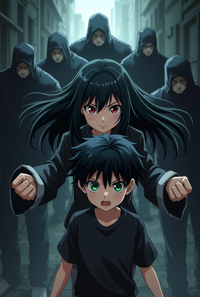 A 16 year old girl with black hair red eyes Protecting a 14 year old boy with black hair green eyes from some thugs alone in a drak place anime
