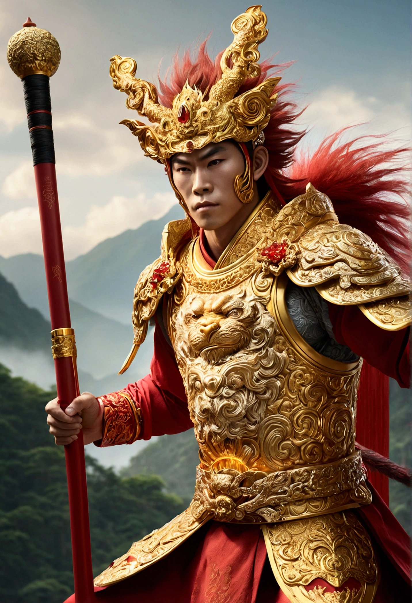 **Prompt:** A hyper-realistic depiction of Sun Wukong, the Monkey King, showcasing intricate details. His golden fur is meticulously rendered, with individual strands catching the light. He wears a regal crown adorned with jade and red gems, paired with traditional armor featuring ornate gold and red designs. His fierce, focused eyes convey wisdom and power. In one hand, he grips his legendary staff, Ruyi Jingu Bang, which is extended and glowing faintly with mystical energy. In the other hand, he wields a sharp golden blade with intricate engravings, its edge gleaming under the light. The color grading enhances the deep reds, vibrant golds, and earthy tones of his attire, with shadows adding depth to his muscular form. The background is subtly blurred, keeping the focus on Sun Wukong, while swirling clouds or a distant mountain landscape create a sense of mythic grandeur and warrior strength.