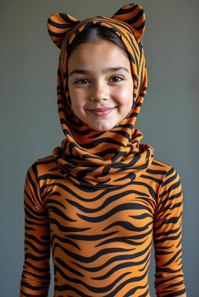 A beautiful  Muslimah girl with nice cheeks wear tiger print Lycra turtleneck unitard catsuit and tiger print Lycra dancewear hijab-like hood that is very stretchy.