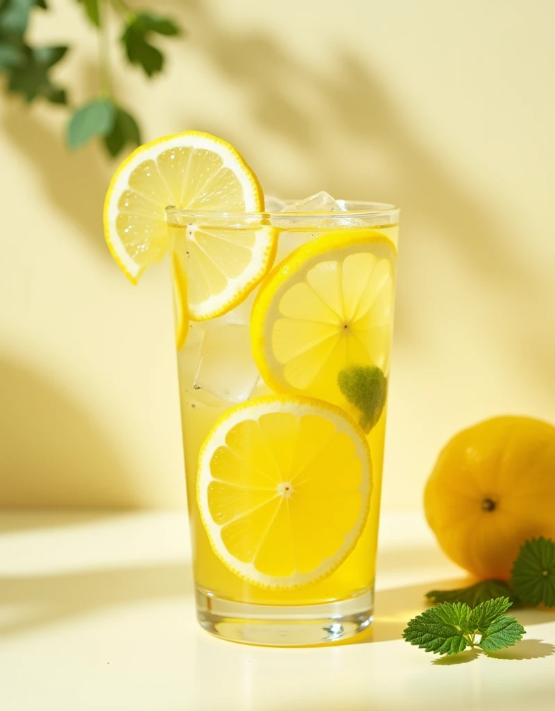 Lemon slices are clearly visible in the drink