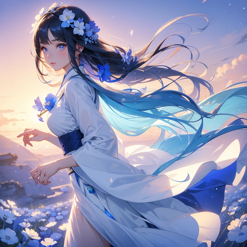 A beautiful female in white hanfu dress , Strolling among the nemophila fields Glowing blue, There are some floating clouds, close up. Sunset.