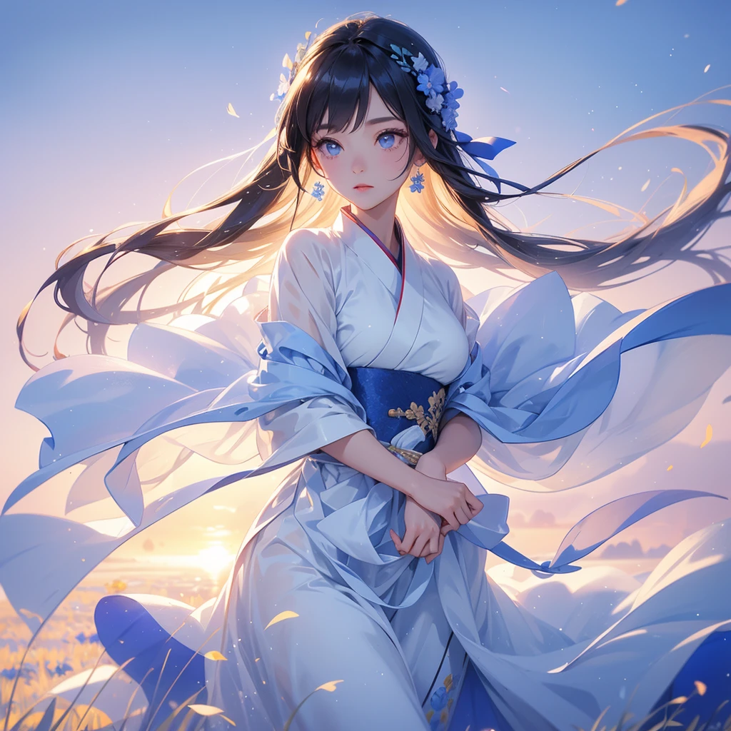 A beautiful female in white hanfu dress , Strolling among the nemophila fields Glowing blue, There are some floating clouds, close up. Sunset.