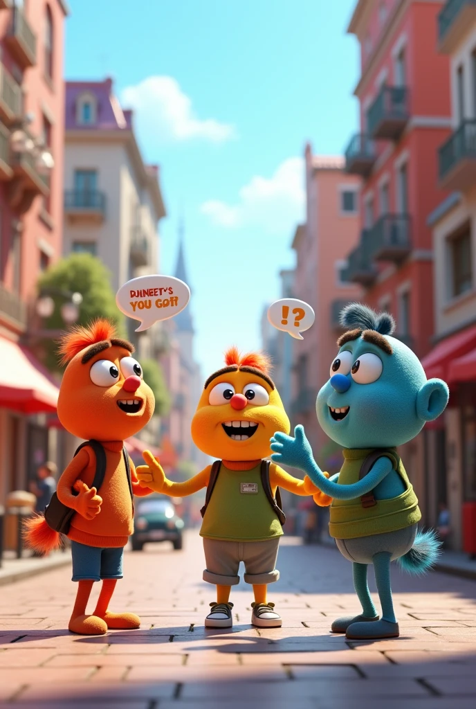 Generate me an image of three 3d cartoon characters talking on the street.