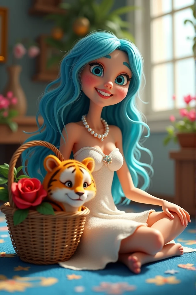 55-year-old woman with long curly blue hair
With a very smiling and happy lip
With an old basket with a tiger in it, wearing a white princess dress
A pearl necklace with a red rose
A woman is sitting on a royal blue carpet inside a dream house
Style 3D