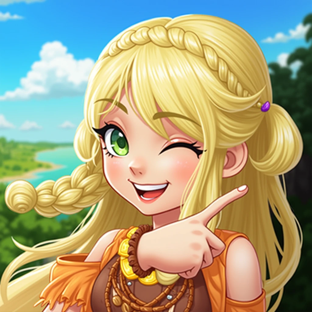 Game Icon，1 Girl，blonde，Long hair，Braided Bangs，Green eyes，Orange clothing，Tribal costumes，happy，Treasure Chest，Treasure，the highest picture quality ，HD