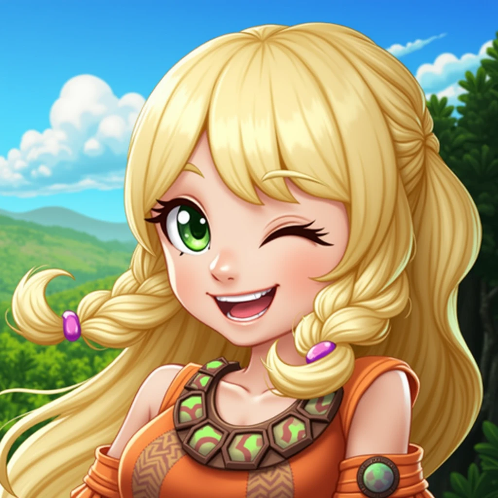Game Icon,1 Girl,blonde,Long hair,Braided Bangs,Green eyes,Orange clothing,Tribal costumes,happy,Treasure Chest,Treasure,the highest picture quality ,HD