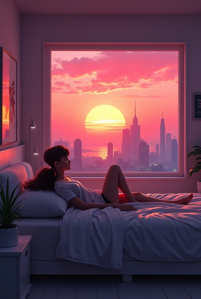 Make a room with a window facing the sun with a bed and a person looking at the sunset ager lying down Looking to the side futuristic room