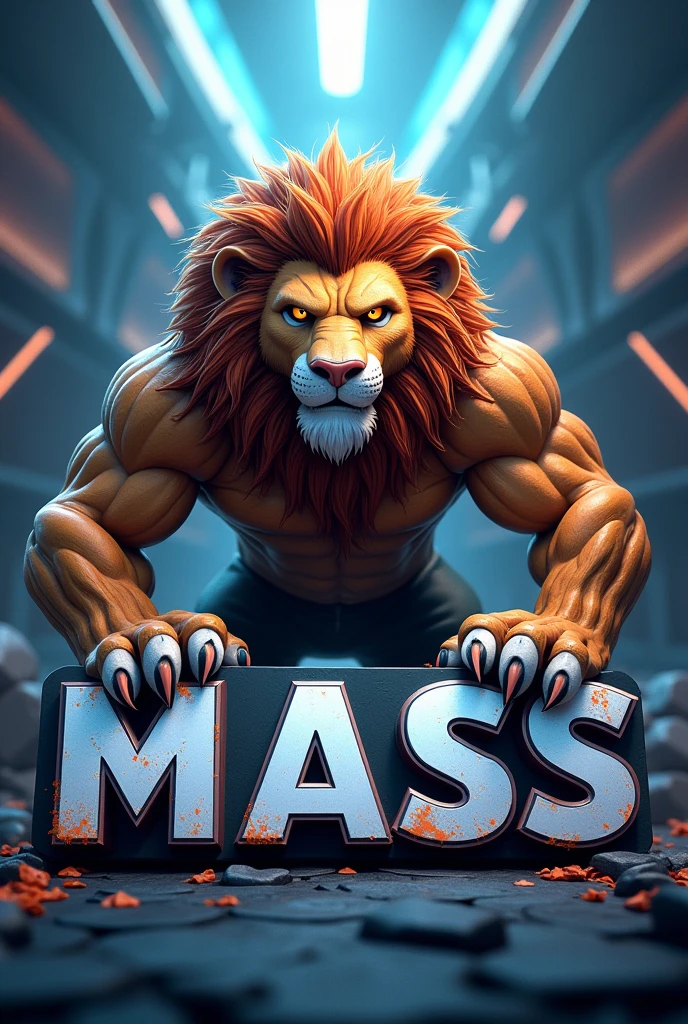 The 3D text logo says "MASS" at the bottom with a lion mascot with a gaming theme
