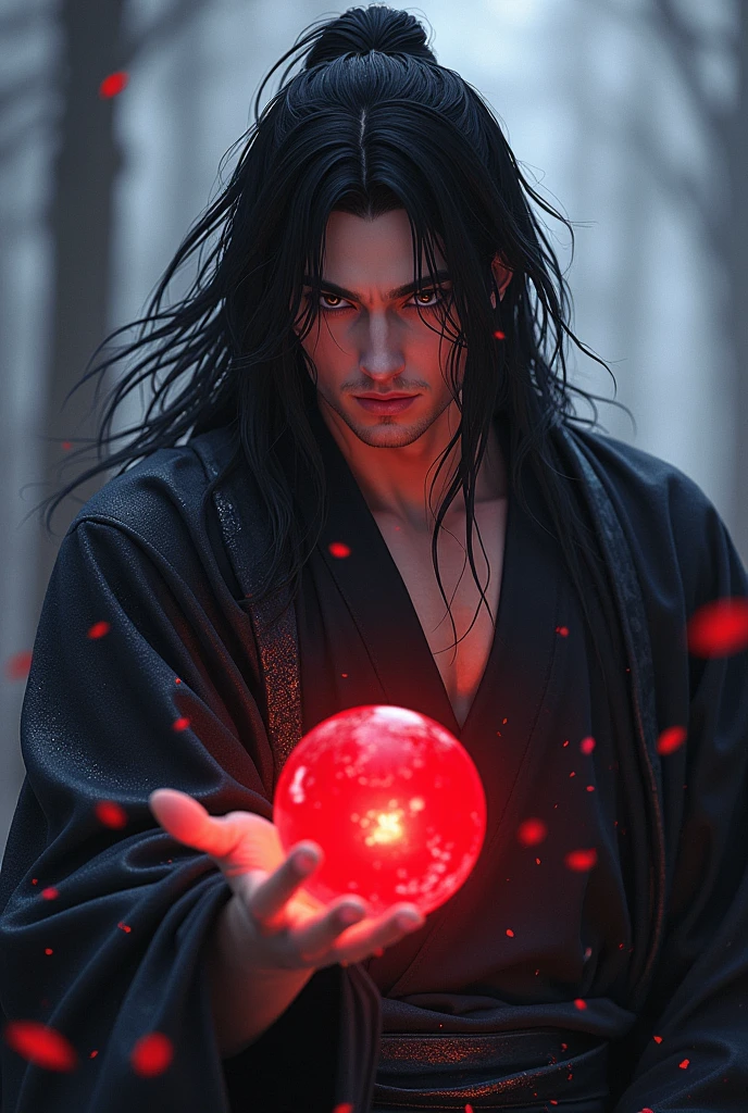 black haired, cold looking man, black eyes, long hair, majestic features, wearing a kimono, holding a glowing red ball of energy in his hand, novel cover.