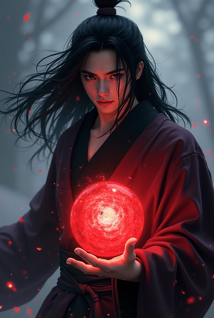 black haired, cold looking man, black eyes, long hair, majestic features, wearing a kimono, holding a glowing red ball of energy in his hand, novel cover.