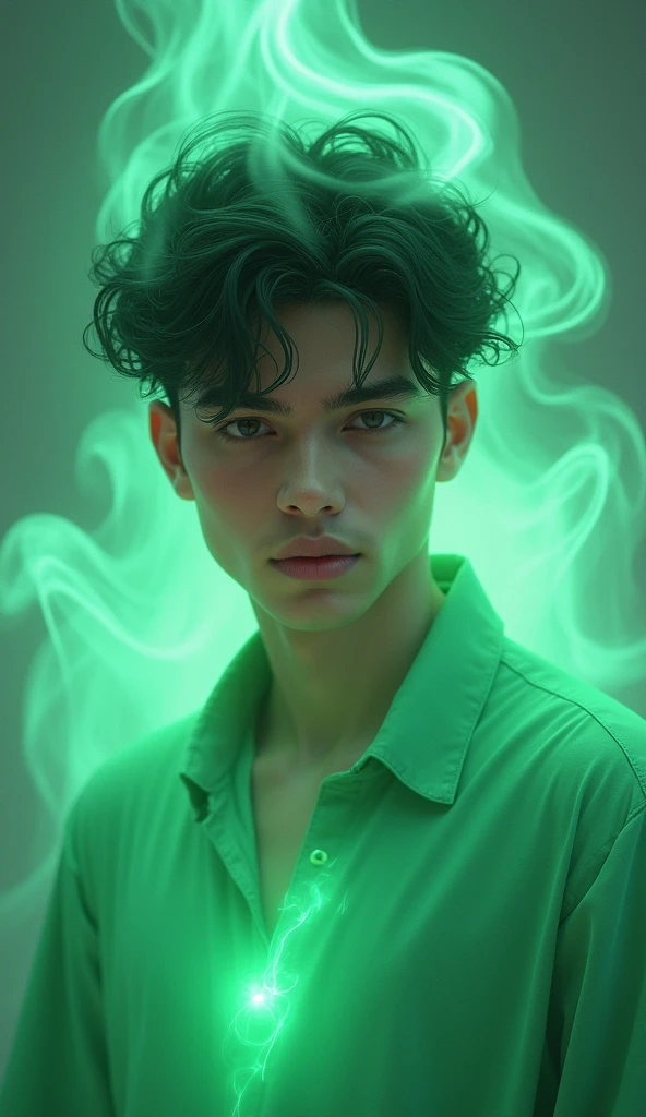 3D illustration of a 25 years old boy, pure devine pale skin, wearing a green panjabi, with glowing color, smoke artistically forming a frame edit Photoshop Computer named, style, detailed face, focus on face, 8K
