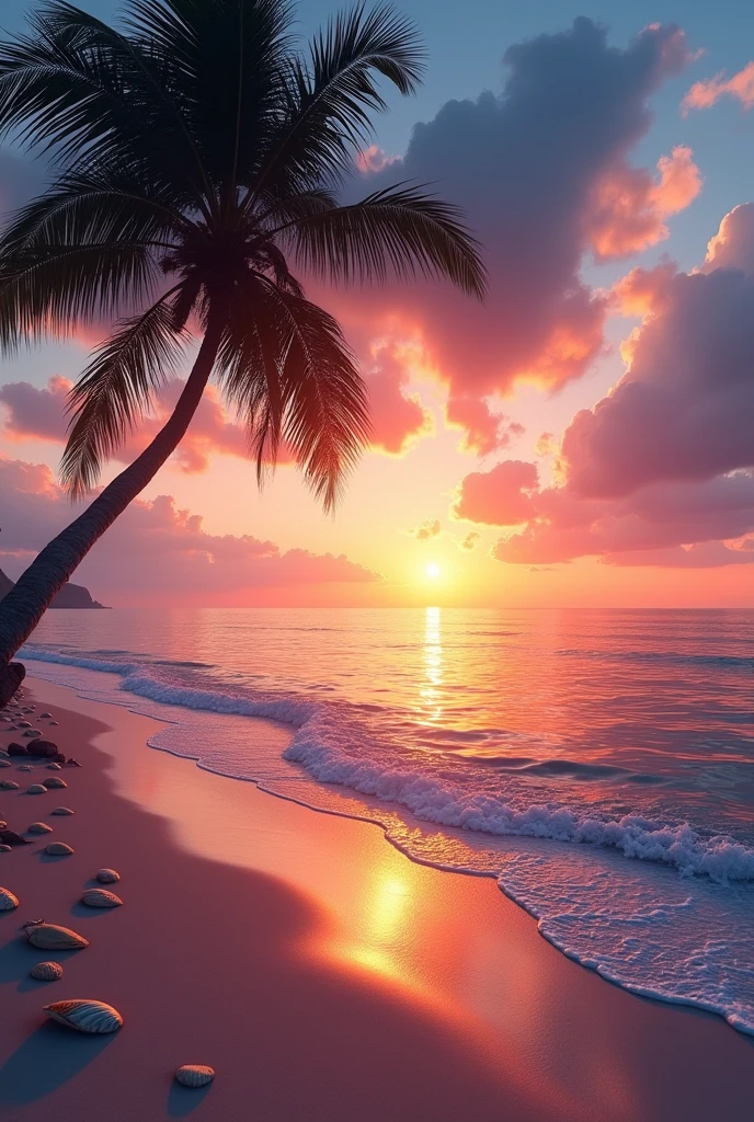 Create an ultra-realistic 4K image of a serene beach at sunset. The sky is painted with vibrant hues of orange, pink, and purple as the sun sets on the horizon. Gentle waves lap at the shore, reflecting the colorful sky and sparkling in the fading light. In the foreground, include soft sand with scattered seashells and maybe a silhouette of a palm tree gently swaying in the breeze. The overall atmosphere should evoke a sense of tranquility and beauty, capturing the essence of a peaceful evening by the beach.