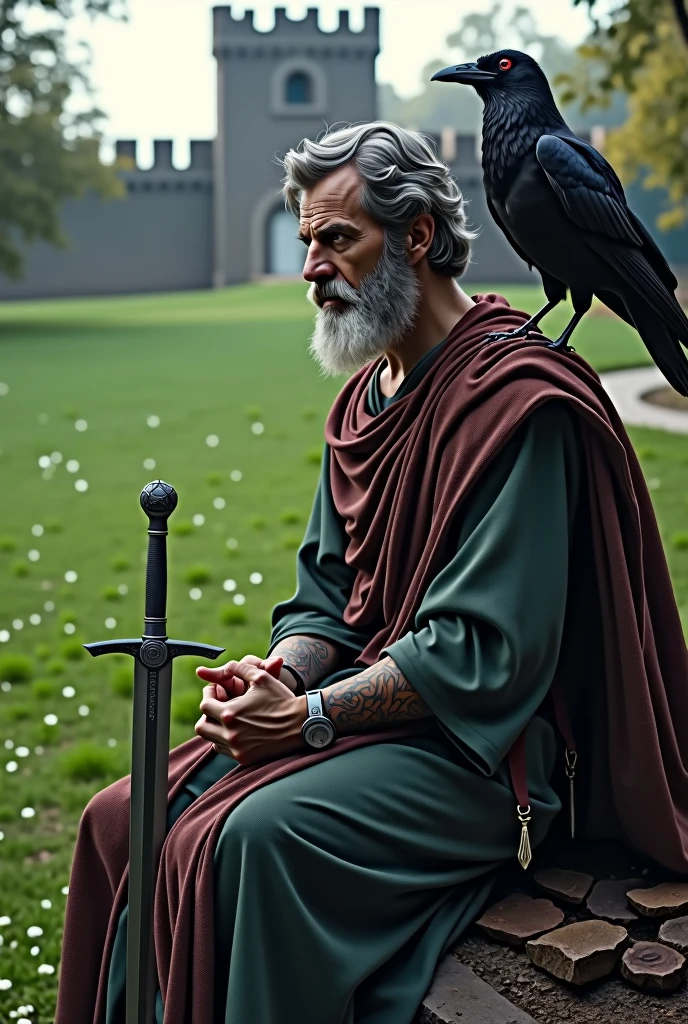 Marcus Aurelius former emperor of Rome holding a sword on his knees the ground with an emerald green lawn behind a gunmetal gray castle on his shoulder a black raven with red eyes (resolucao 1920x1080