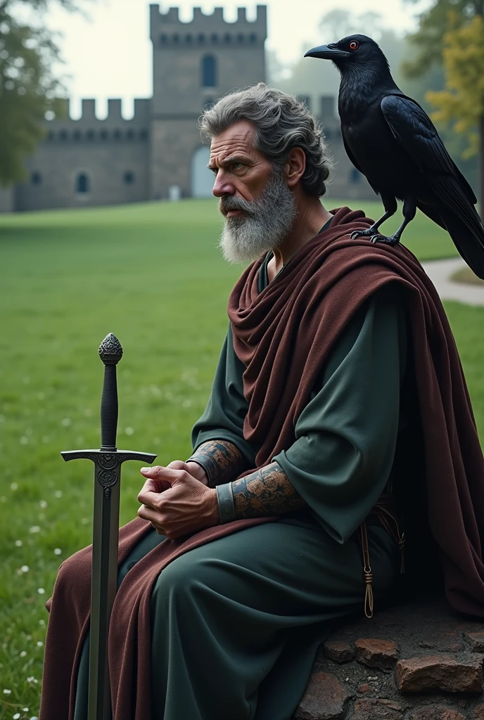Marcus Aurelius former emperor of Rome holding a sword on his knees the ground with an emerald green lawn behind a gunmetal gray castle on his shoulder a black raven with red eyes (resolucao 1920x1080 