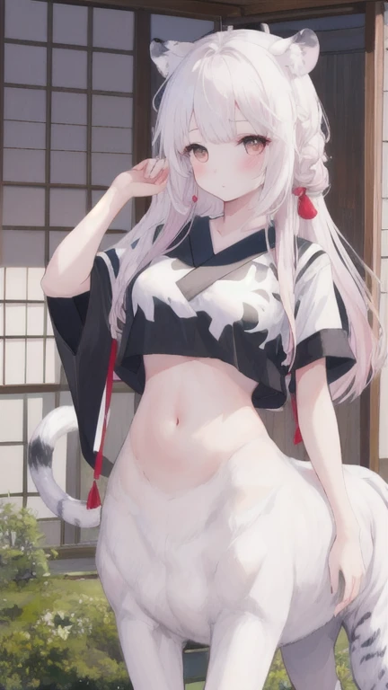 (best quality, masterpiece), 1 girl, centaur, It takes, White skin, Japanese , exposing the abdomen,belly button t-shirt, beautiful girl perfect white tiger photo, perfect white tiger photo