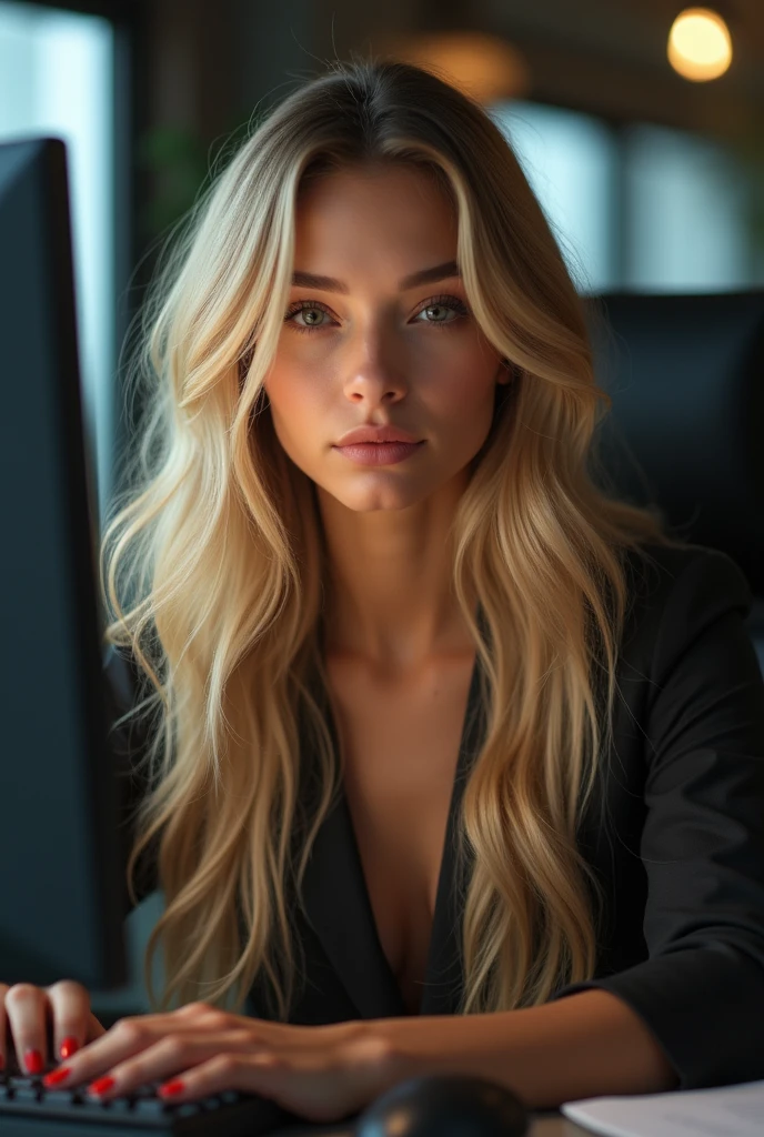 a beautiful girl with long blonde hair, detailed eyes, nose, and lips, wearing professional outfit, siting in her office, using her computer, hp comuter (best quality,4k,8k,highres,masterpiece:1.2),ultra-detailed,(realistic,photorealistic,photo-realistic:1.37),HDR,studio lighting,extremely detailed face and body, portrait,cinematic lighting,dramatic lighting,warm color tones,dramatic colors