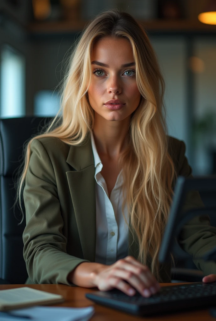 a beautiful girl with long blonde hair, detailed eyes, nose, and lips, wearing  professional outfit, siting in her office, using her computer, hp comuter (best quality,4k,8k,highres,masterpiece:1.2),ultra-detailed,(realistic,photorealistic,photo-realistic:1.37),HDR,studio lighting,extremely detailed face and body, portrait,cinematic lighting,dramatic lighting,warm color tones,dramatic colors