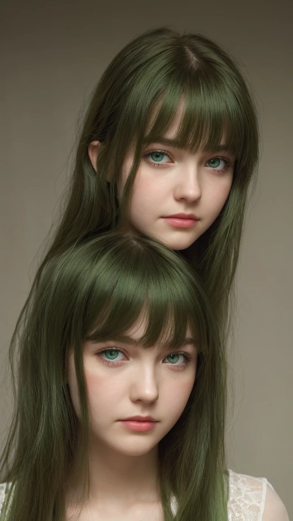a girl. European. Extremely detailed face. Oval face. Delicate facial features. Half-closed eyes. Long straight hair. Messy hair. Bangs. Green hair. Green eyes. Lustful expression. sad mood. slight smile