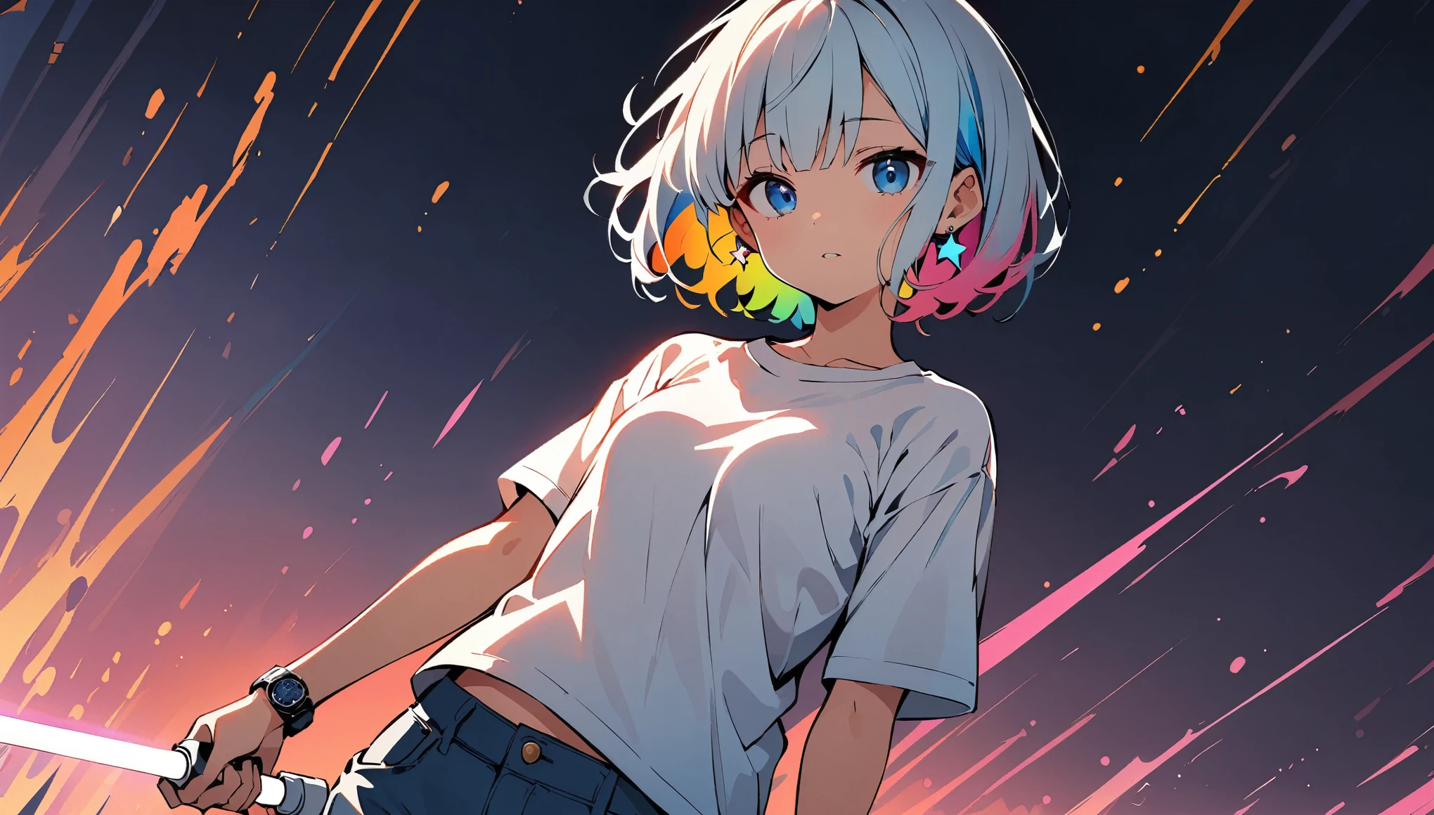 (high quality, 8k, 4K, High Contrast, masterpiece:1.2, 最high quality, Best aesthetics), (Dynamic Angle), ((1 female )), ((Plain and bright background)), ((Flat Color)), (White T-shirt on the upper body), ((Plain T-shirt)), (jeans), Looking at the audience, Upper Body, Transparent Background, Sleepy eyes, High Contrast, Contrasting colors, Cowboy Shot, Pale pink and blue lighting, ((Very Short Hair)) , Rainbow Hair, Small star-shaped earrings in both ears, watch, bright eyeshadow, Cool look, Small Tits, The T-shirt is wet and the camisole is visible through the T-shirt. , Clothes that are wet. Raining background, Holding a lightsaber in his right hand