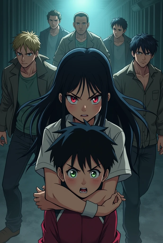 A girl with black hair red eyes Protecting a 14 year old her little bro with blackgreen eyes from some thugs alone in a drak place, the boy is kept hostage by the thugs anime
