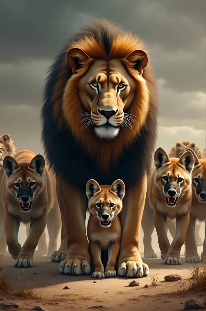 Lion and son surrounded round by many hyenas 