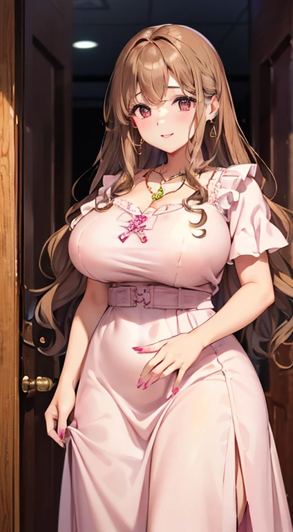 Highest quality、Droopy eyes、Light brown hair、((Wavy curly long hair))、Down Bangs、Clothed Big Tits、((((Tall with broad shoulders))))、Puff sleeve blouse with short sleeves、(((Pink Nails、Sexy lips)))、Meeting、A gentle girl with a smile、Earrings、necklace、ring、Long skirt