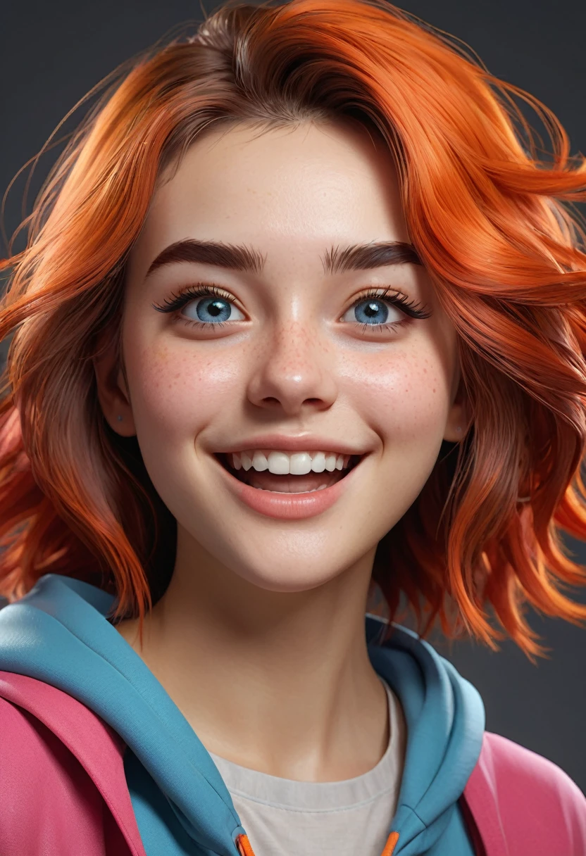 hyperrealistic raw photo,girl with a happy mood,inspired by popular video game aesthetics.The character should have vibrant, stylized features typical of reality, including expressive eyes, cute features and dynamic hair, and distinctive clothing.Emphasize a real texture skin engaging expression that captures the essence of a lovely,game-ready hero.Ensure the character's design is well-suited for use in a video game environment, with clean lines, bold colors,and a strong sense of personality