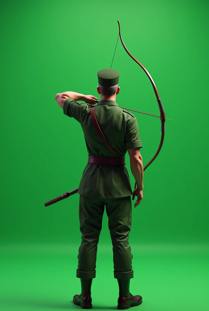 Rear viewed, green  uniform, male military Archer is a warrior, military cap on head, Arrow shooting , Plain full green screen background