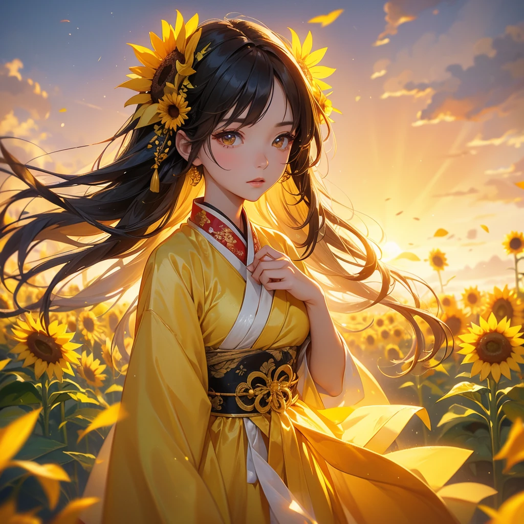 A beautiful female in hanfu dress , Strolling among the sunflower fields Glowing yellow,close up. Sunset.