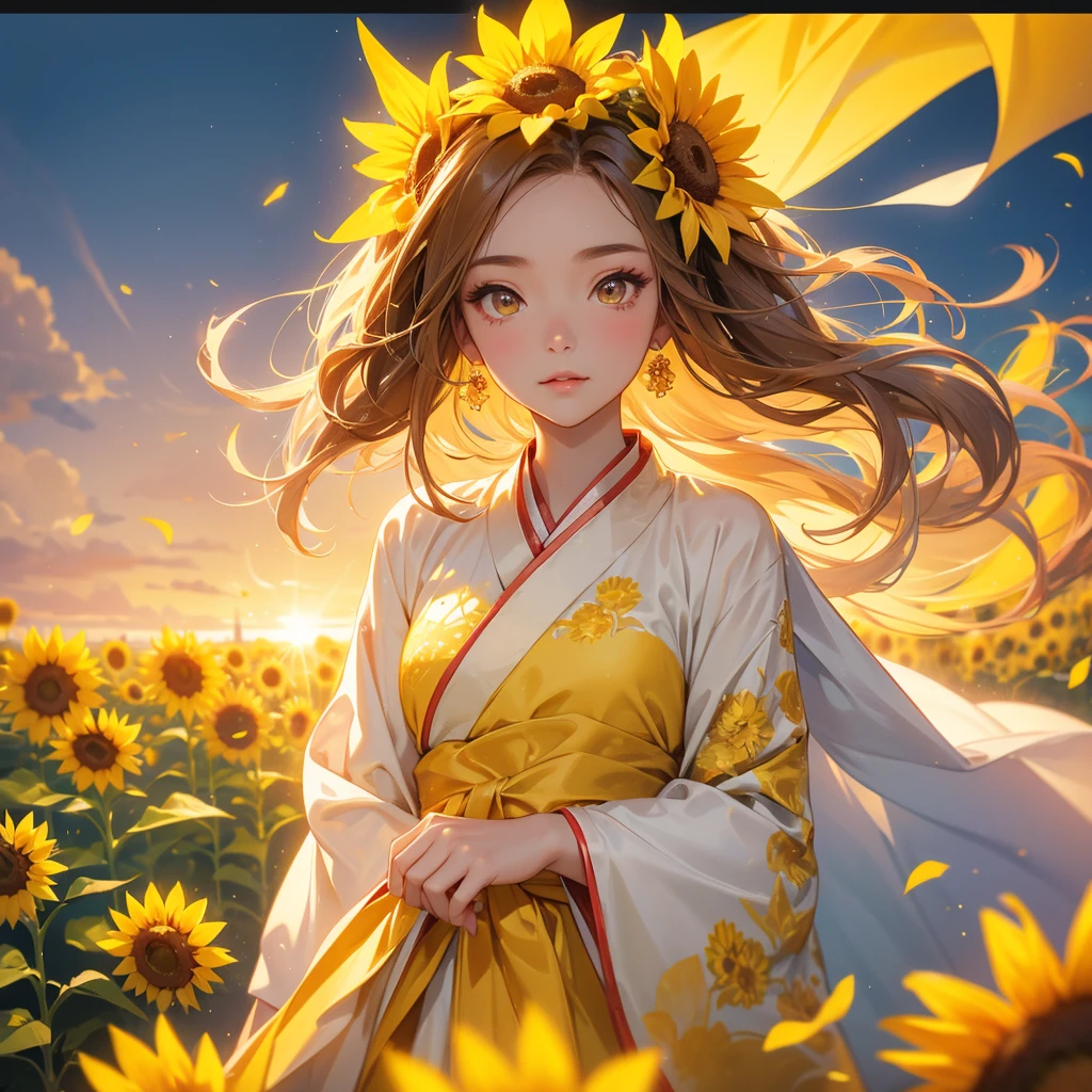 A beautiful female in hanfu dress , Strolling among the sunflower fields Glowing yellow,close up. Sunset.