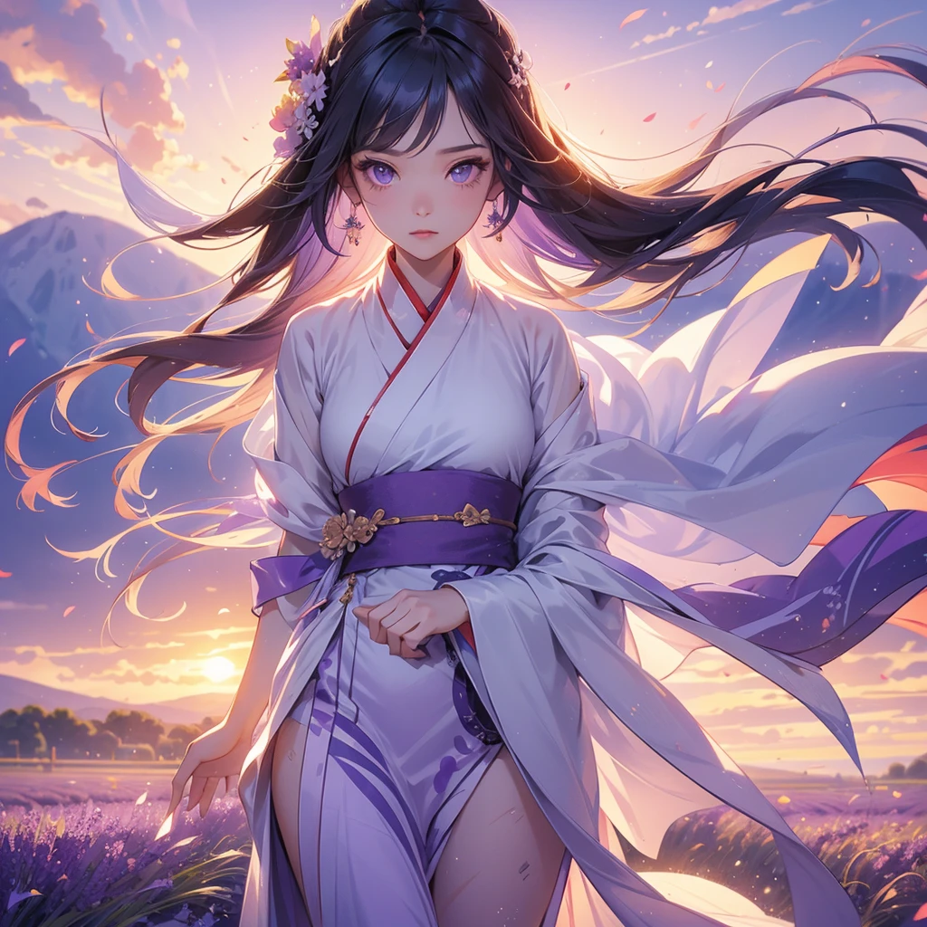 A beautiful female in hanfu dress , Stroll among the purple lavender fields , There are some floating clouds, close up. Sunset.